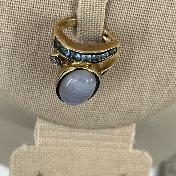 Vintage Estate Ring 925 Gold Tone with Blue Chalcedony and Accent Stones - Picture 15 of 15